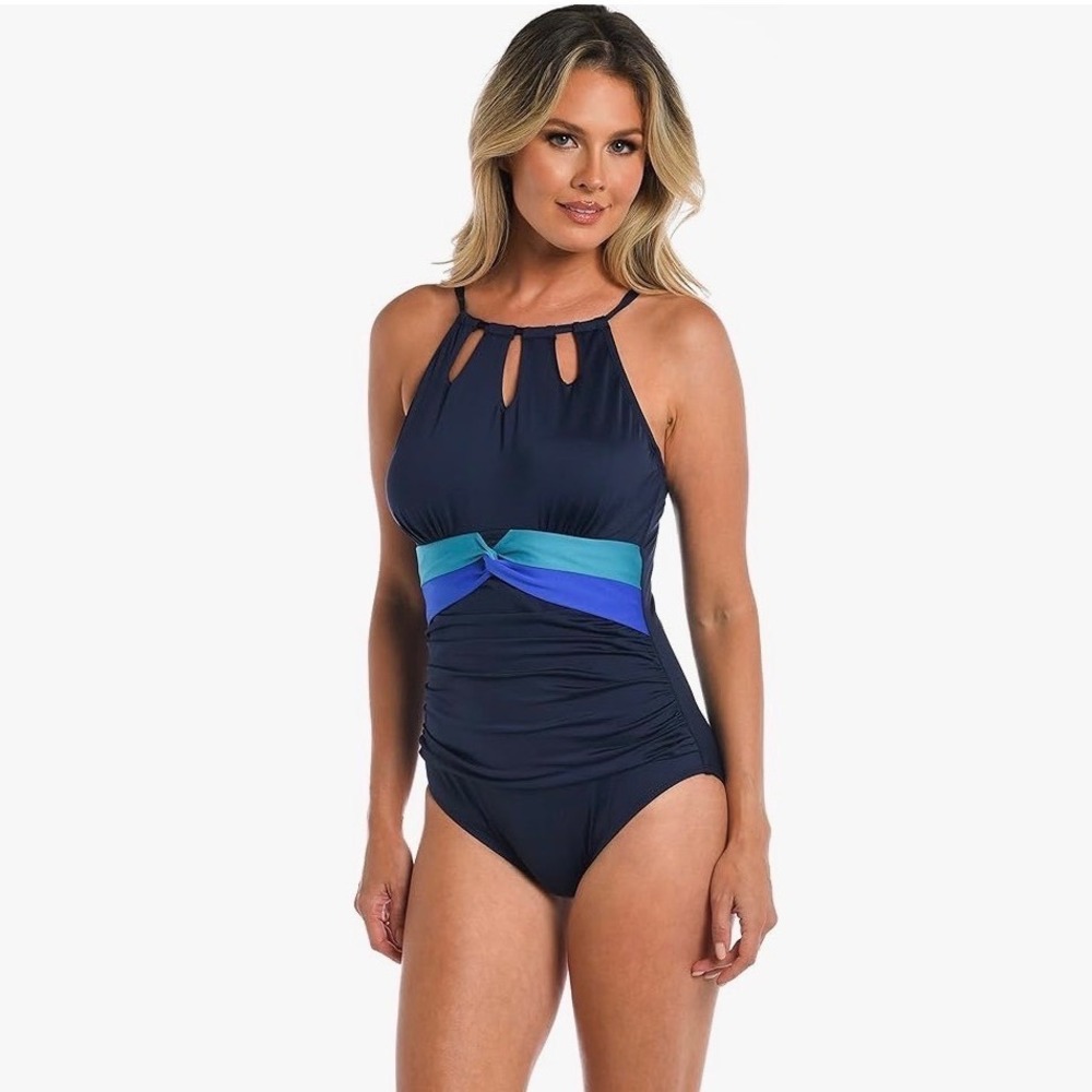 24th & Ocean Womens‎ XL Navy Blue Color Block Tummy Control Swimsuit NEW